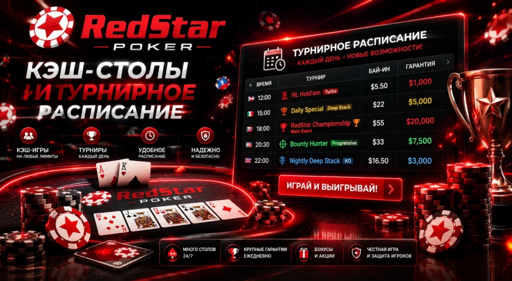 Баннер с расписанием кэш-игр и турниров RedStar Poker.